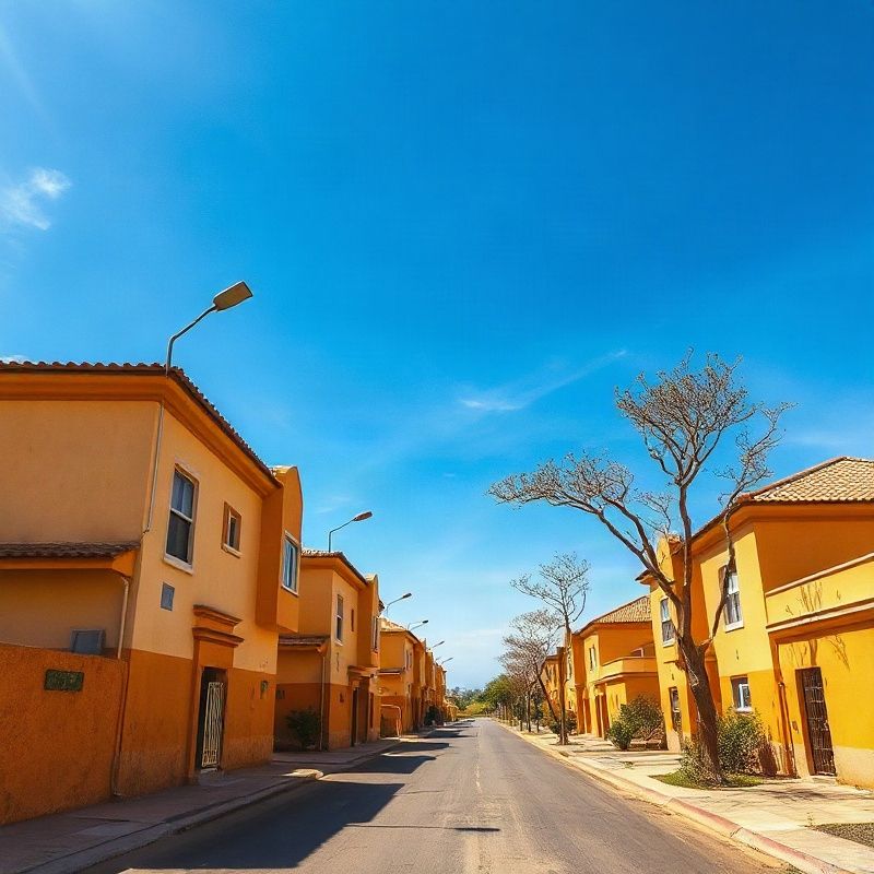 Row of properties on a clean Garissa street under an azure equatorial sky