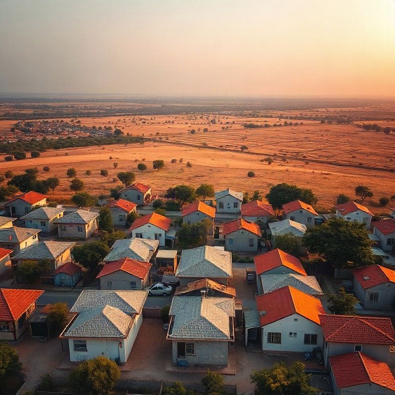 Aerial view of a mixed-use neighbourhood in Garissa County under golden equatorial light